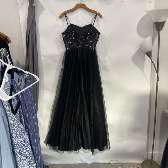 Blondie Niles Sz 9 Corset Gem Mesh Black Maxi Dress Event Sleeveless Romantic - Picture 16 of 16